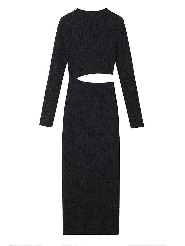 European and American style women's new open design texture long sleeved stand up collar dress