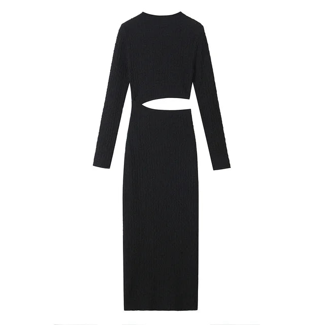 European and American style women's new open design texture long sleeved stand up collar dress